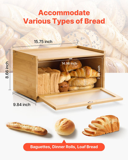 Bread Box for Kitchen Counter, Large Capacity Bamboo Bread Storage Container, Farmhouse Wooden Breadbox Organizer for Homemade Bread, Storage Holder Bin with Acrylic Wavy Door Panel, Natural