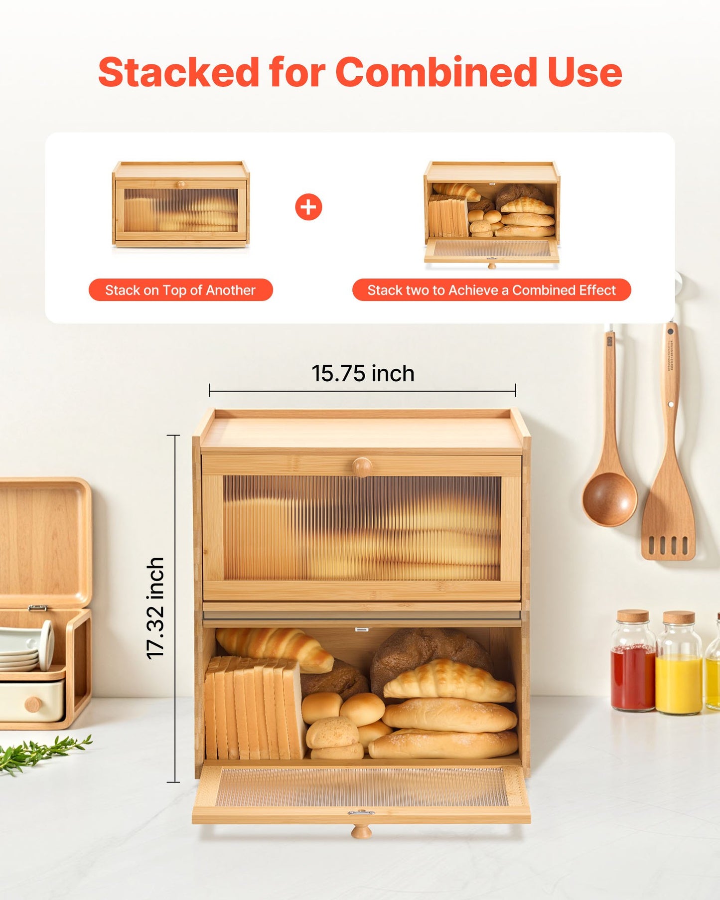 Bread Box for Kitchen Counter, Large Capacity Bamboo Bread Storage Container, Farmhouse Wooden Breadbox Organizer for Homemade Bread, Storage Holder Bin with Acrylic Wavy Door Panel, Natural