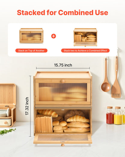 Bread Box for Kitchen Counter, Large Capacity Bamboo Bread Storage Container, Farmhouse Wooden Breadbox Organizer for Homemade Bread, Storage Holder Bin with Acrylic Wavy Door Panel, Natural