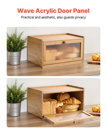 Bread Box for Kitchen Counter, Large Capacity Bamboo Bread Storage Container, Farmhouse Wooden Breadbox Organizer for Homemade Bread, Storage Holder Bin with Acrylic Wavy Door Panel, Natural
