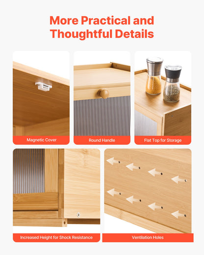 Bread Box for Kitchen Counter, Large Capacity Bamboo Bread Storage Container, Farmhouse Wooden Breadbox Organizer for Homemade Bread, Storage Holder Bin with Acrylic Wavy Door Panel, Natural