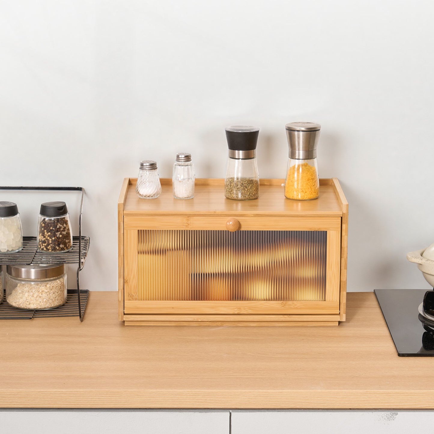 Bread Box for Kitchen Counter, Large Capacity Bamboo Bread Storage Container, Farmhouse Wooden Breadbox Organizer for Homemade Bread, Storage Holder Bin with Acrylic Wavy Door Panel, Natural