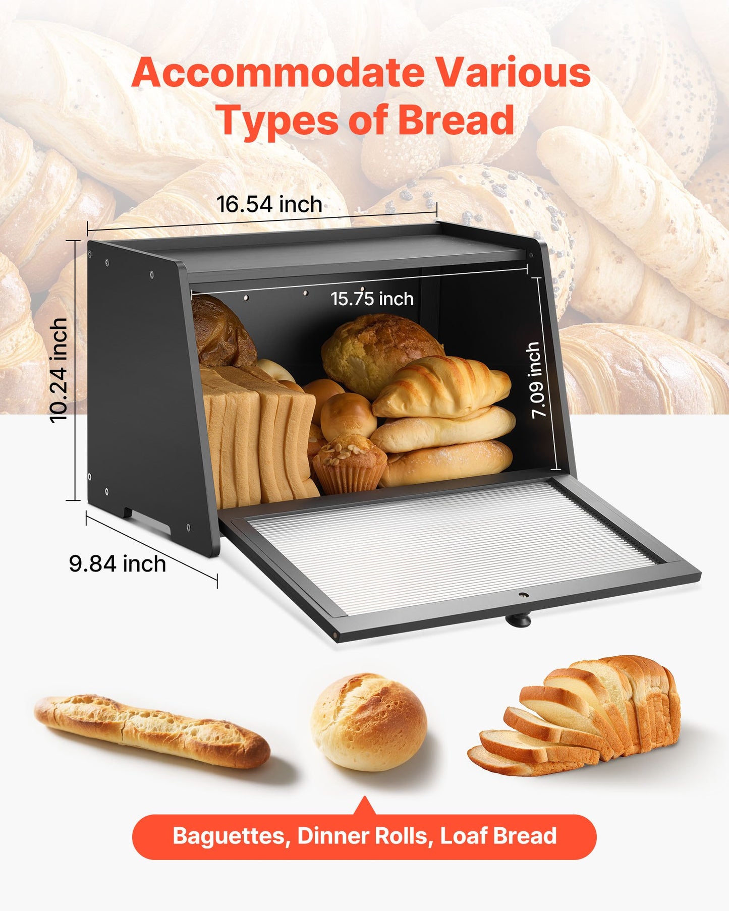 Bread Box for Kitchen Counter, Large Capacity Bamboo Bread Storage Container, Farmhouse Wooden Breadbox Organizer for Homemade Bread, Storage Holder Bin with Acrylic Wavy Door Panel, Black