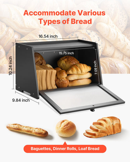 Bread Box for Kitchen Counter, Large Capacity Bamboo Bread Storage Container, Farmhouse Wooden Breadbox Organizer for Homemade Bread, Storage Holder Bin with Acrylic Wavy Door Panel, Black