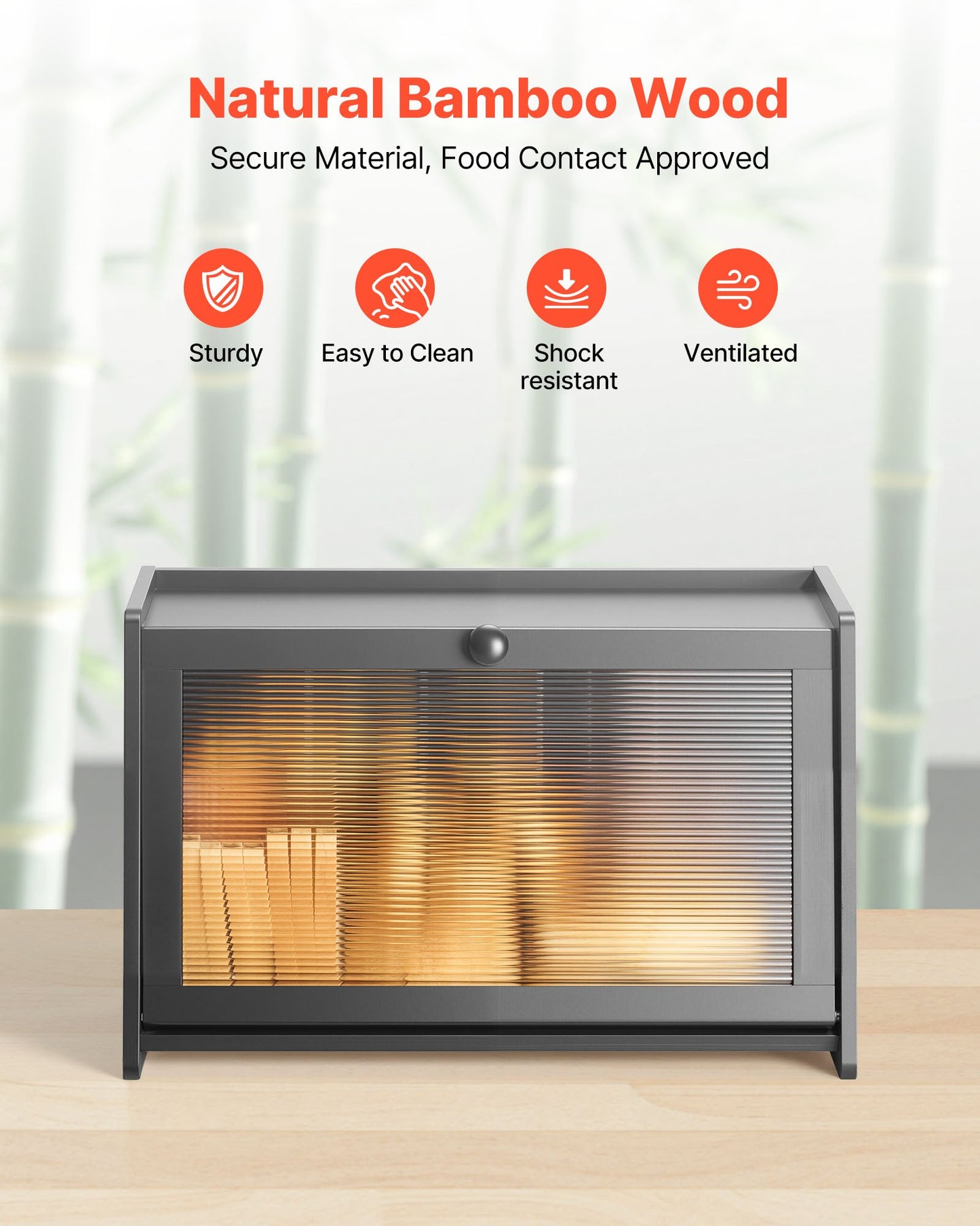 Bread Box for Kitchen Counter, Large Capacity Bamboo Bread Storage Container, Farmhouse Wooden Breadbox Organizer for Homemade Bread, Storage Holder Bin with Acrylic Wavy Door Panel, Black