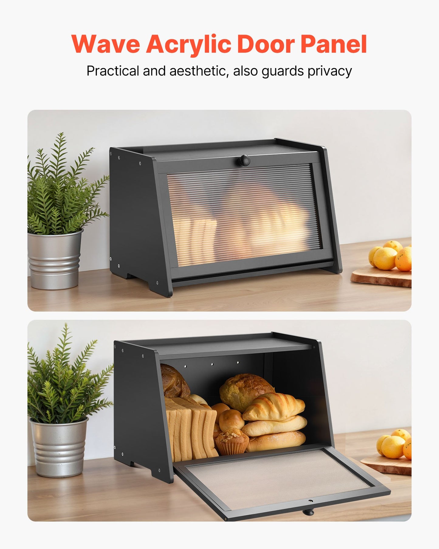 Bread Box for Kitchen Counter, Large Capacity Bamboo Bread Storage Container, Farmhouse Wooden Breadbox Organizer for Homemade Bread, Storage Holder Bin with Acrylic Wavy Door Panel, Black