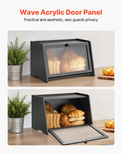 Bread Box for Kitchen Counter, Large Capacity Bamboo Bread Storage Container, Farmhouse Wooden Breadbox Organizer for Homemade Bread, Storage Holder Bin with Acrylic Wavy Door Panel, Black