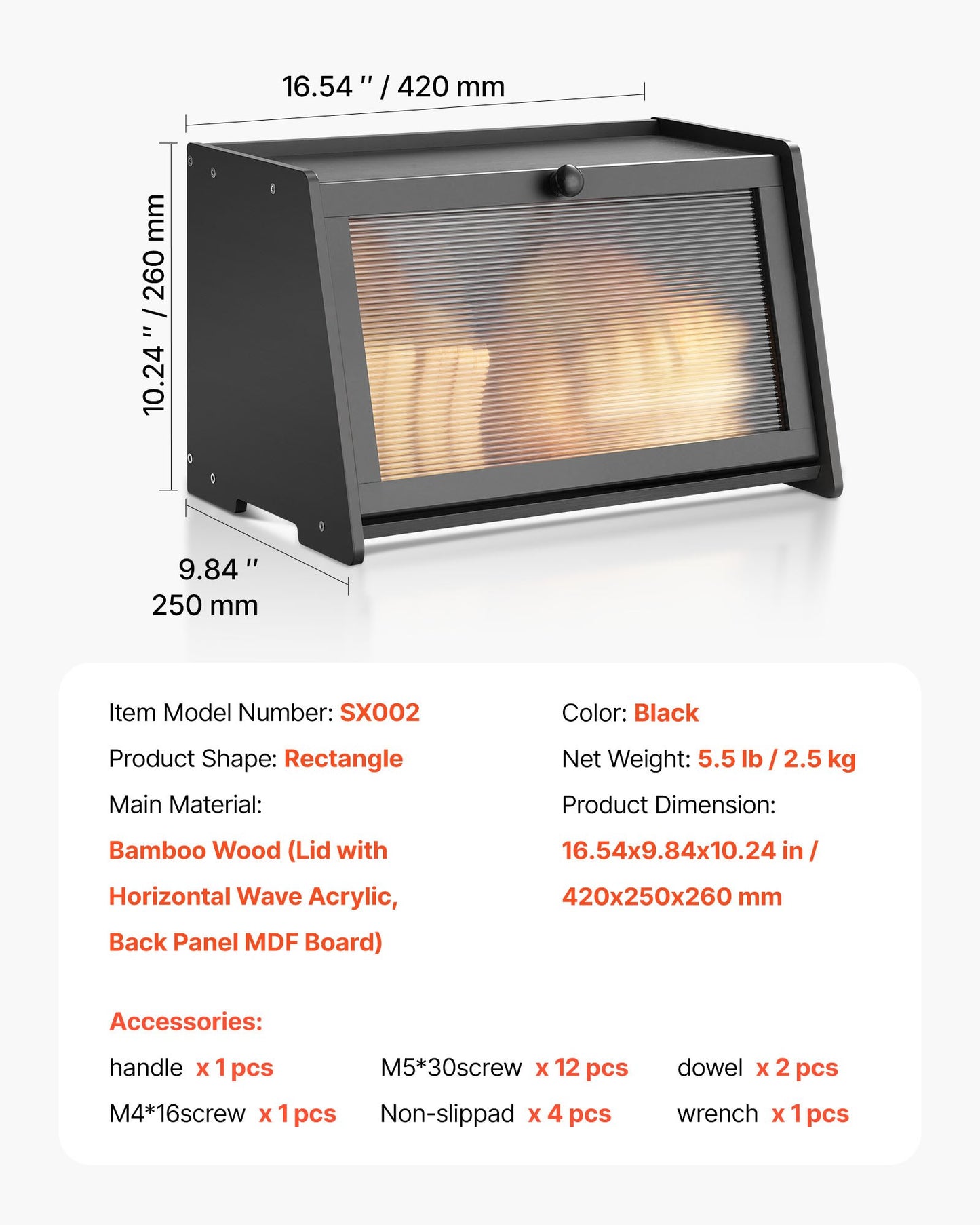 Bread Box for Kitchen Counter, Large Capacity Bamboo Bread Storage Container, Farmhouse Wooden Breadbox Organizer for Homemade Bread, Storage Holder Bin with Acrylic Wavy Door Panel, Black