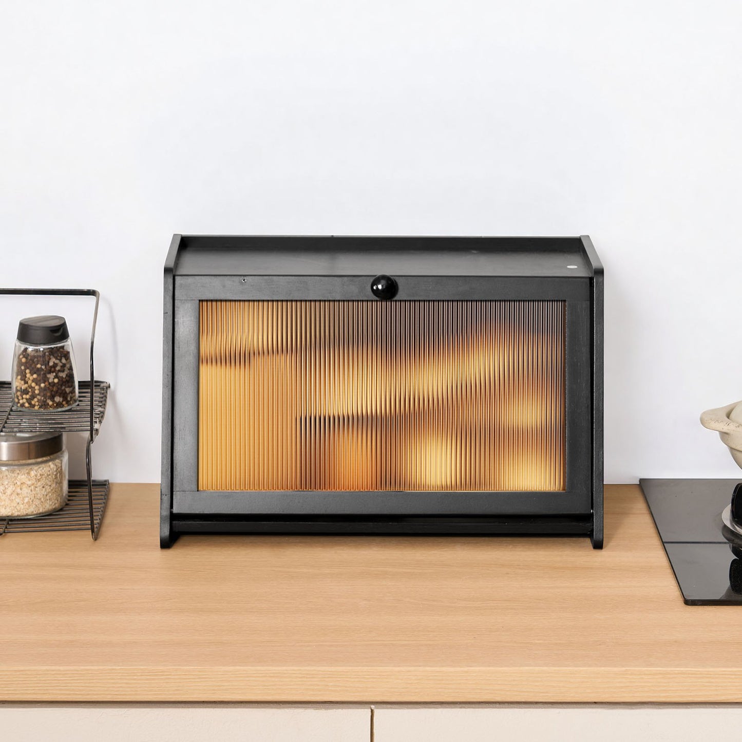 Bread Box for Kitchen Counter, Large Capacity Bamboo Bread Storage Container, Farmhouse Wooden Breadbox Organizer for Homemade Bread, Storage Holder Bin with Acrylic Wavy Door Panel, Black