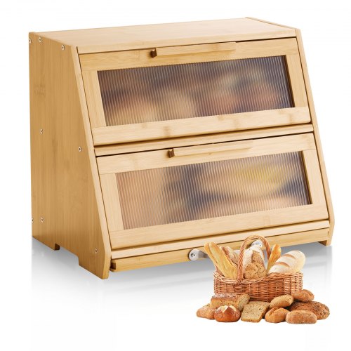 Double Layer Bread Box for Kitchen Counter, Large Capacity Bamboo Bread Storage Container, Farmhouse Wooden Breadbox for Homemade Bread, Storage Holder Bin with Acrylic Wavy Door Panel, Natural