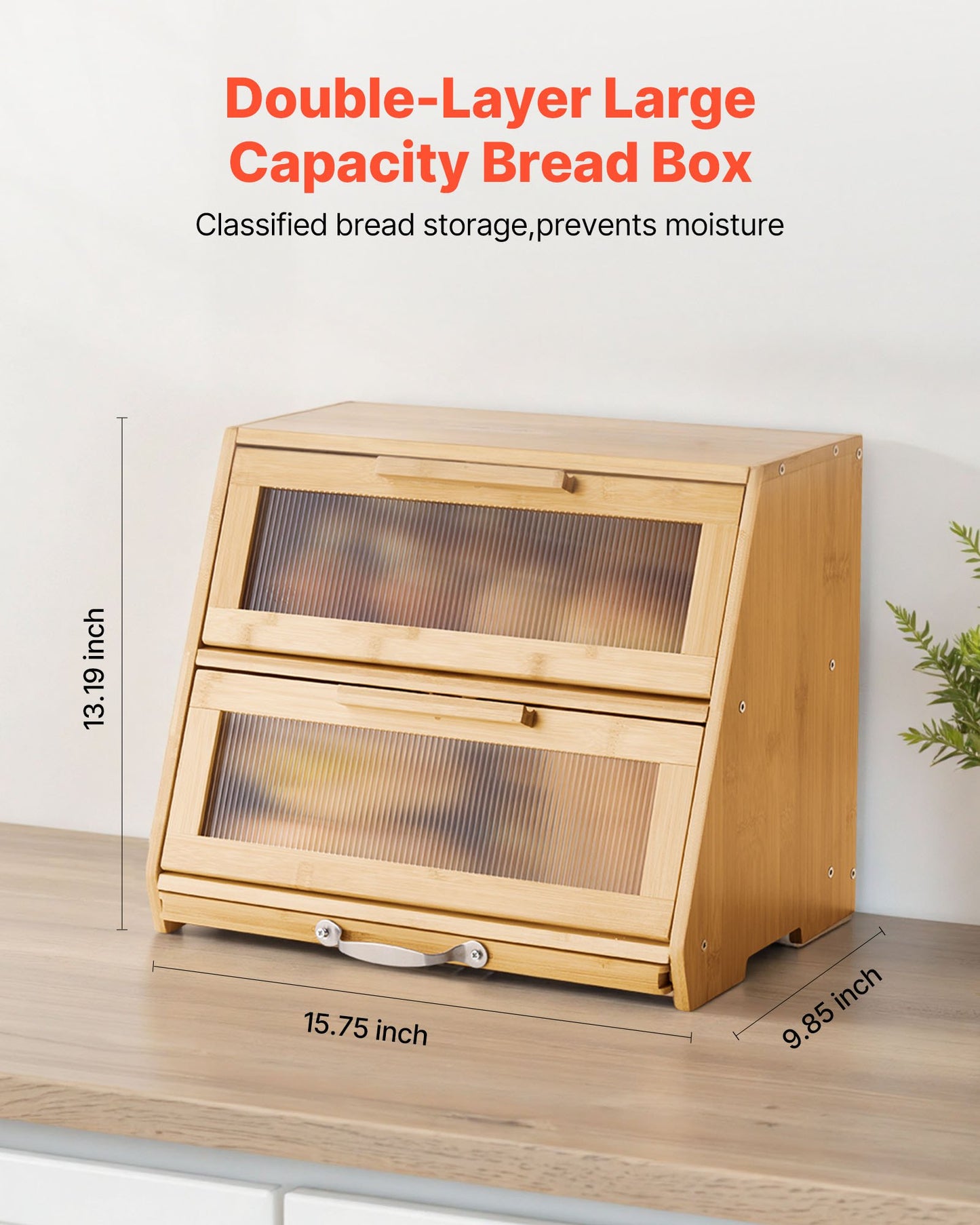 Double Layer Bread Box for Kitchen Counter, Large Capacity Bamboo Bread Storage Container, Farmhouse Wooden Breadbox for Homemade Bread, Storage Holder Bin with Acrylic Wavy Door Panel, Natural