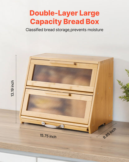 Double Layer Bread Box for Kitchen Counter, Large Capacity Bamboo Bread Storage Container, Farmhouse Wooden Breadbox for Homemade Bread, Storage Holder Bin with Acrylic Wavy Door Panel, Natural