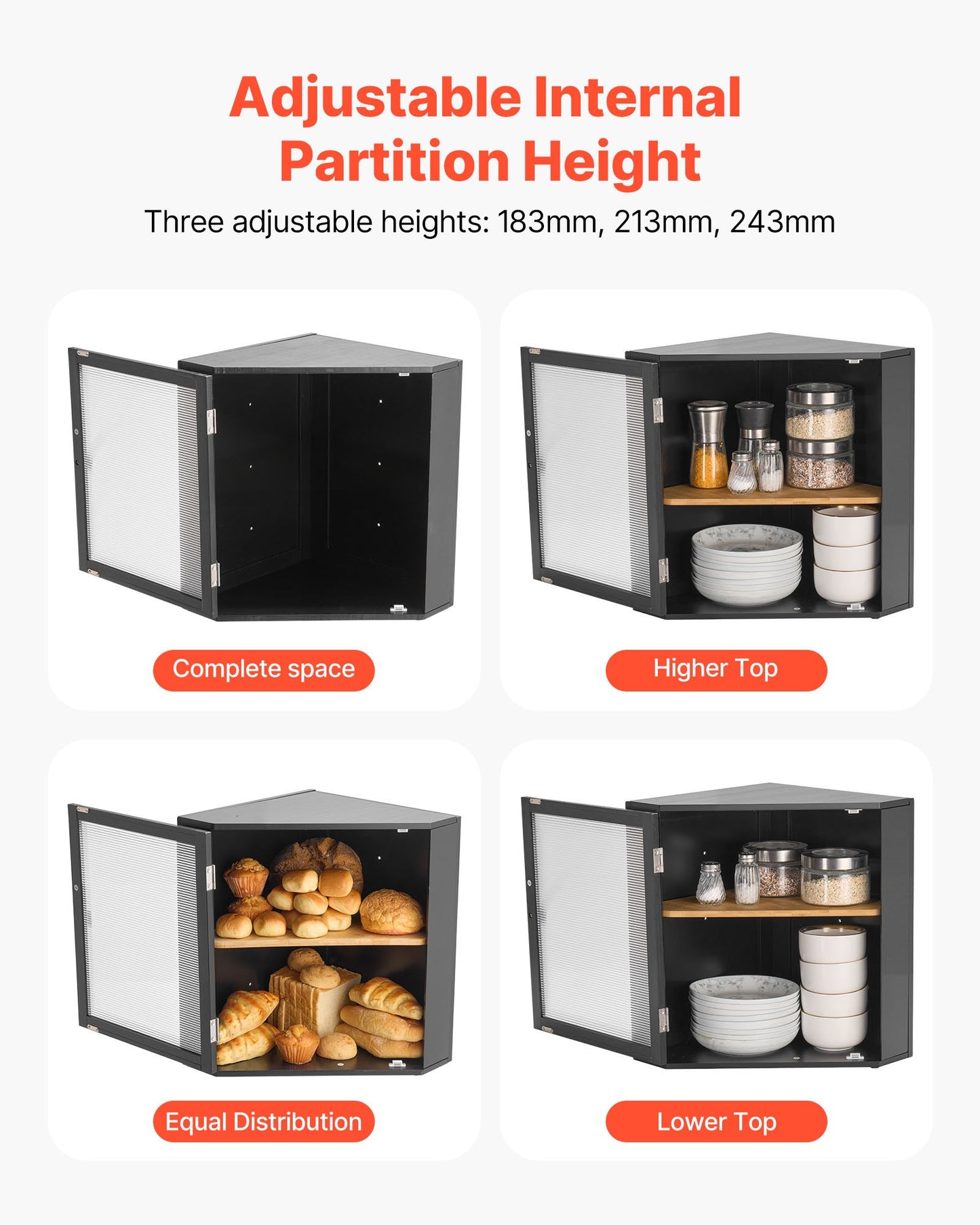 Corner Bread Box for Kitchen Counter, Double Layer Large Capacity Bamboo Bread Storage Container, Farmhouse Wooden Breadbox for Homemade Bread, Storage Holder Bin with Acrylic Wavy Door, Black