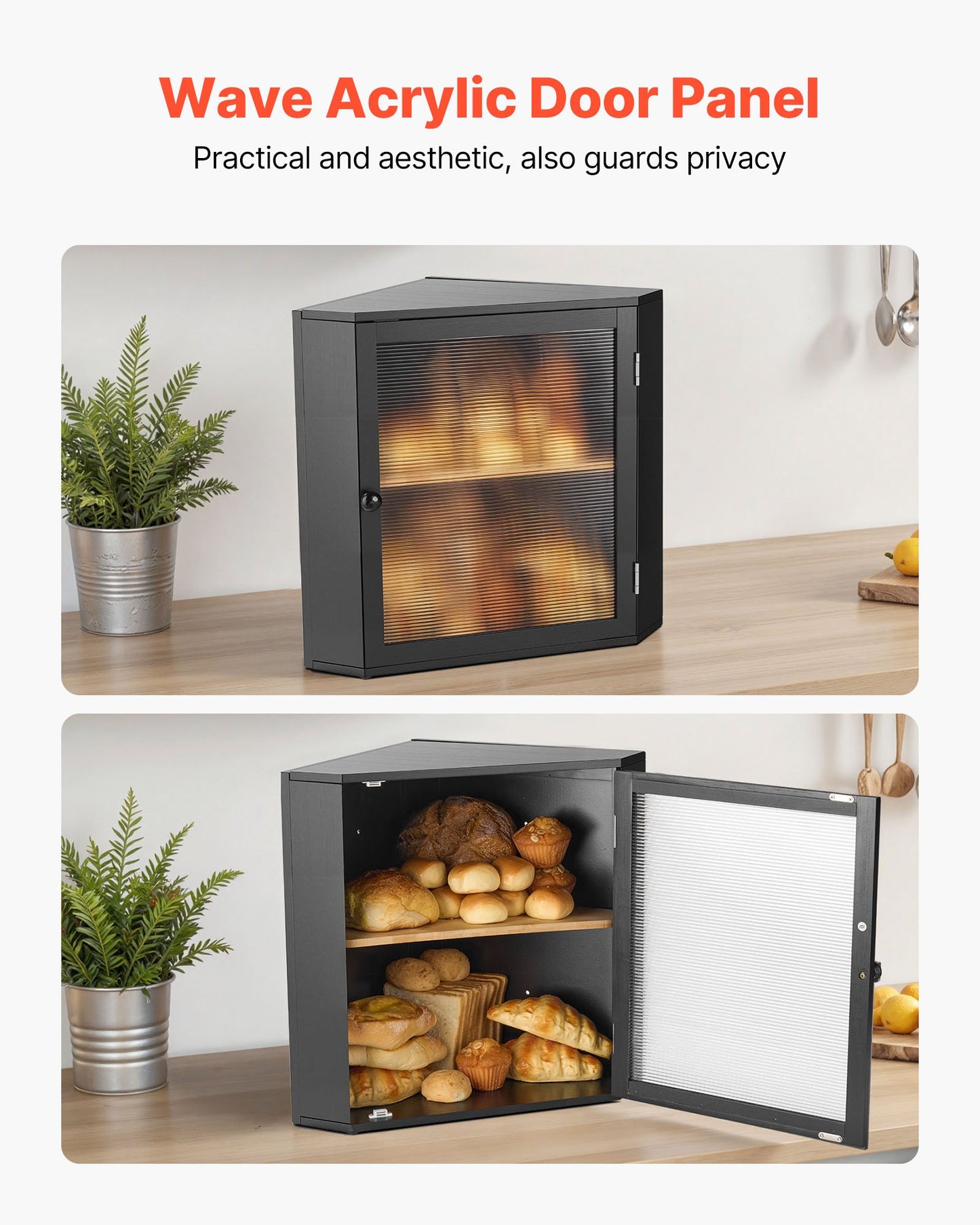 Corner Bread Box for Kitchen Counter, Double Layer Large Capacity Bamboo Bread Storage Container, Farmhouse Wooden Breadbox for Homemade Bread, Storage Holder Bin with Acrylic Wavy Door, Black