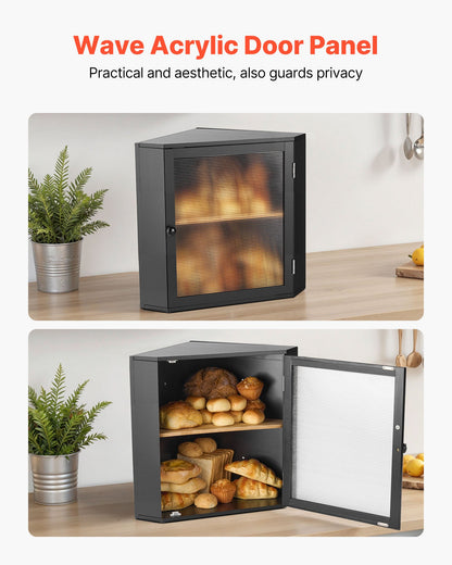 Corner Bread Box for Kitchen Counter, Double Layer Large Capacity Bamboo Bread Storage Container, Farmhouse Wooden Breadbox for Homemade Bread, Storage Holder Bin with Acrylic Wavy Door, Black