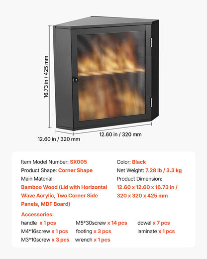 Corner Bread Box for Kitchen Counter, Double Layer Large Capacity Bamboo Bread Storage Container, Farmhouse Wooden Breadbox for Homemade Bread, Storage Holder Bin with Acrylic Wavy Door, Black