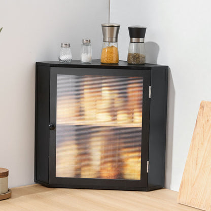 Corner Bread Box for Kitchen Counter, Double Layer Large Capacity Bamboo Bread Storage Container, Farmhouse Wooden Breadbox for Homemade Bread, Storage Holder Bin with Acrylic Wavy Door, Black