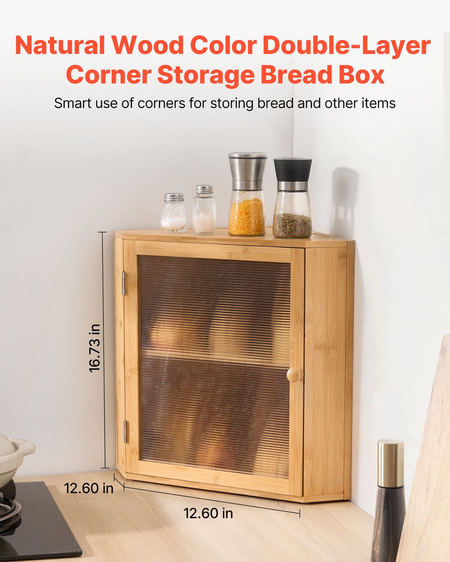Corner Bread Box for Kitchen Counter, Double Layer Large Capacity Bamboo Bread Storage Container, Farmhouse Wooden Breadbox for Homemade Bread, Storage Holder Bin with Acrylic Wavy Door, Natural