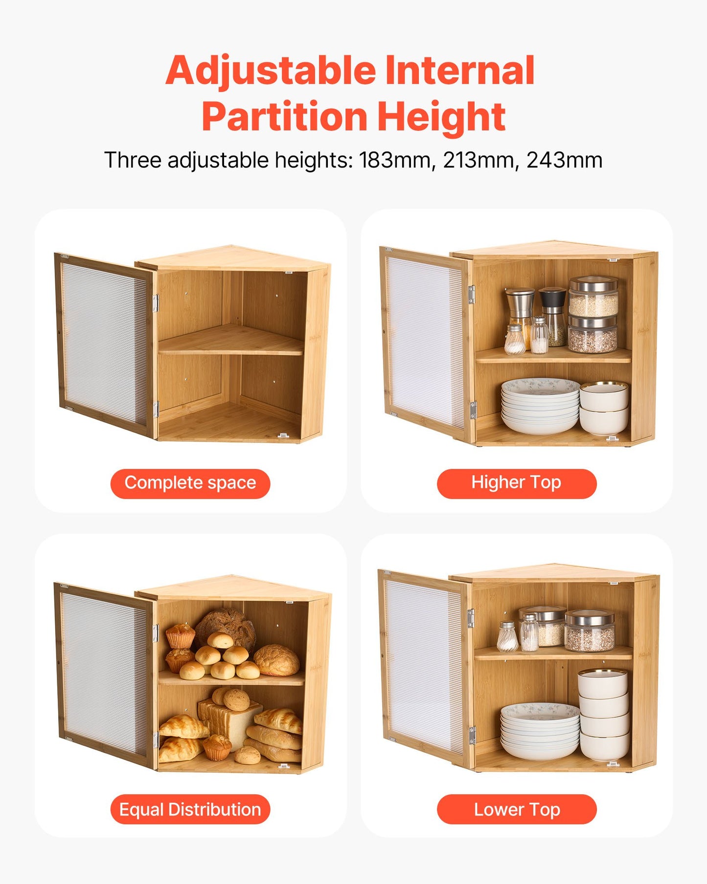 Corner Bread Box for Kitchen Counter, Double Layer Large Capacity Bamboo Bread Storage Container, Farmhouse Wooden Breadbox for Homemade Bread, Storage Holder Bin with Acrylic Wavy Door, Natural