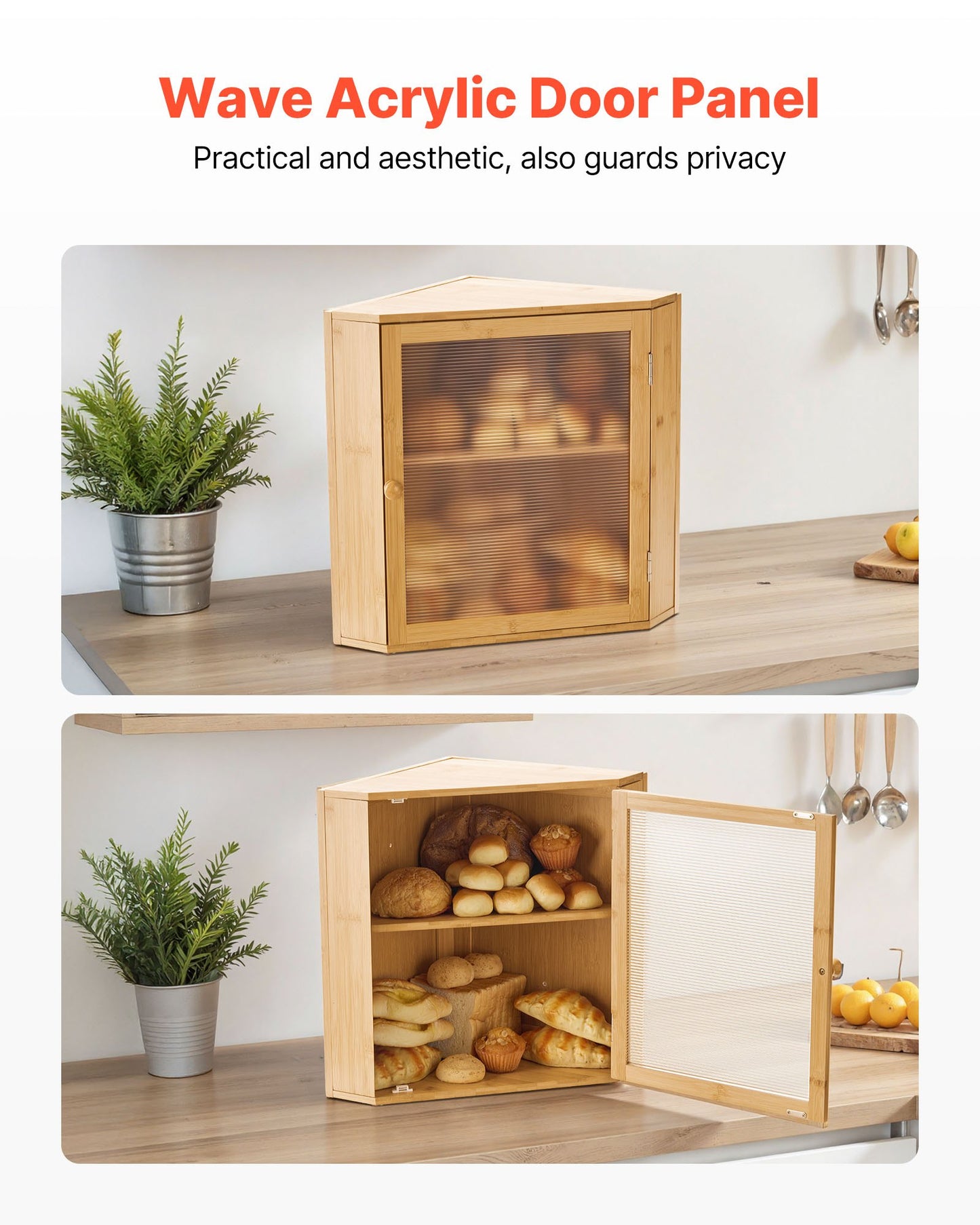 Corner Bread Box for Kitchen Counter, Double Layer Large Capacity Bamboo Bread Storage Container, Farmhouse Wooden Breadbox for Homemade Bread, Storage Holder Bin with Acrylic Wavy Door, Natural