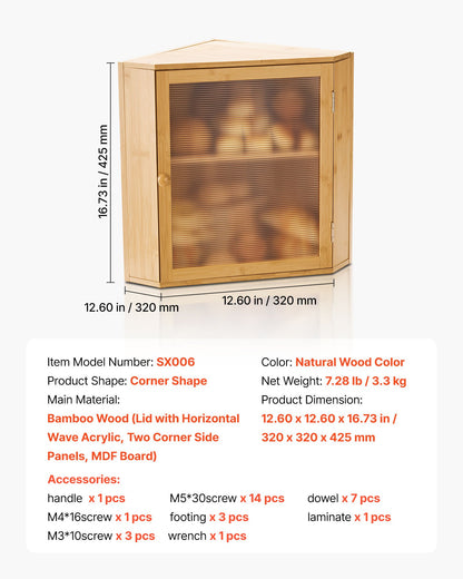 Corner Bread Box for Kitchen Counter, Double Layer Large Capacity Bamboo Bread Storage Container, Farmhouse Wooden Breadbox for Homemade Bread, Storage Holder Bin with Acrylic Wavy Door, Natural