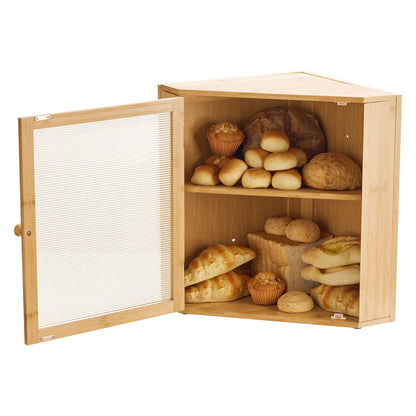 Corner Bread Box for Kitchen Counter, Double Layer Large Capacity Bamboo Bread Storage Container, Farmhouse Wooden Breadbox for Homemade Bread, Storage Holder Bin with Acrylic Wavy Door, Natural