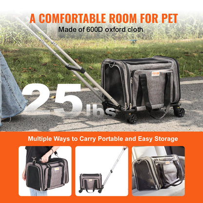 Cat Carrier with Wheels, Airline Approved Rolling Pet Carrier with Telescopic Handle and Shoulder Strap, Dog Carrier with Wheels for Pets Under 25 lbs, with 1 Collapsible Bowl, Gray
