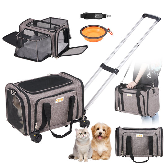 Cat Carrier with Wheels, Airline Approved Rolling Pet Carrier with Telescopic Handle and Shoulder Strap, Dog Carrier with Wheels for Pets Under 25 lbs, with 1 Collapsible Bowl, Gray