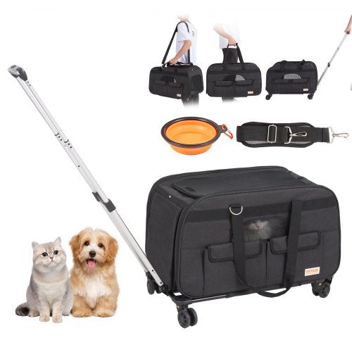Cat Carrier with Wheels, Rolling Pet Carrier with Telescopic Handle and Shoulder Strap, Dog Carrier with Wheels for Pets under 35 lbs, with 1 Folding Bowl, Black
