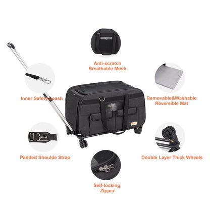 Cat Carrier with Wheels, Rolling Pet Carrier with Telescopic Handle and Shoulder Strap, Dog Carrier with Wheels for Pets Under 35 lbs, with 1 Collapsible Bowl, Black
