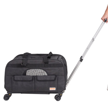 Cat Carrier with Wheels, Rolling Pet Carrier with Telescopic Handle and Shoulder Strap, Dog Carrier with Wheels for Pets Under 35 lbs, with 1 Collapsible Bowl, Black