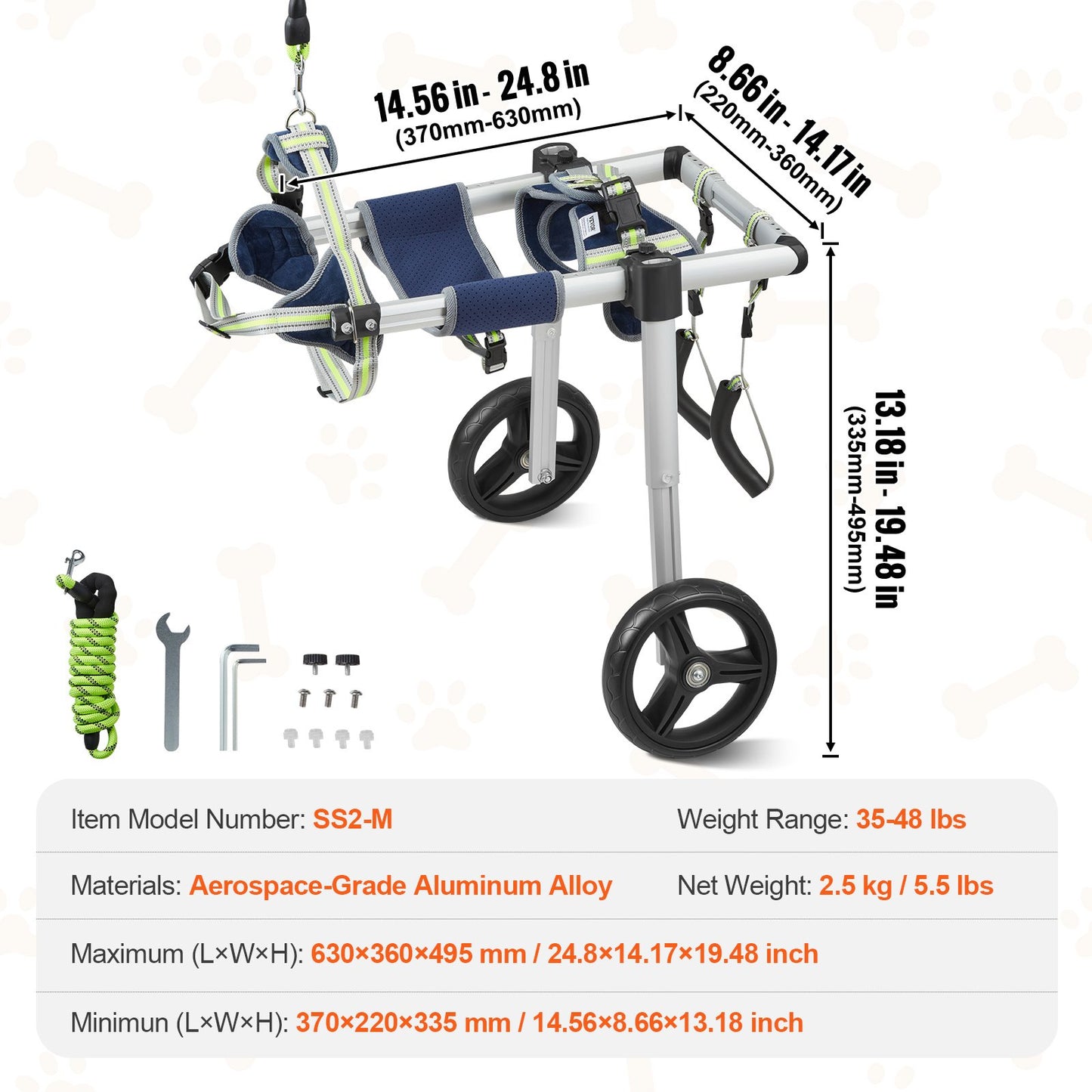 2-Rad Haustierrollstuhl für Hinterbeine Hunderollstuhl/Trolley verstellbar (M)