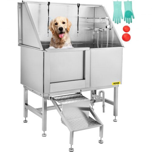 50 Inch Dog Grooming Tub, Professional Stainless Steel Pet Dog Bath Tub, with Steps Faucet & Accessories Dog Washing Station Left Door