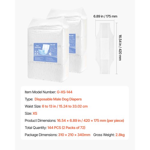 Disposable diapers for male dogs Super absorbent diapers for male dogs XS 144 pcs