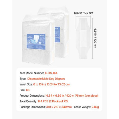 Disposable diapers for male dogs Super absorbent diapers for male dogs XS 144 pcs