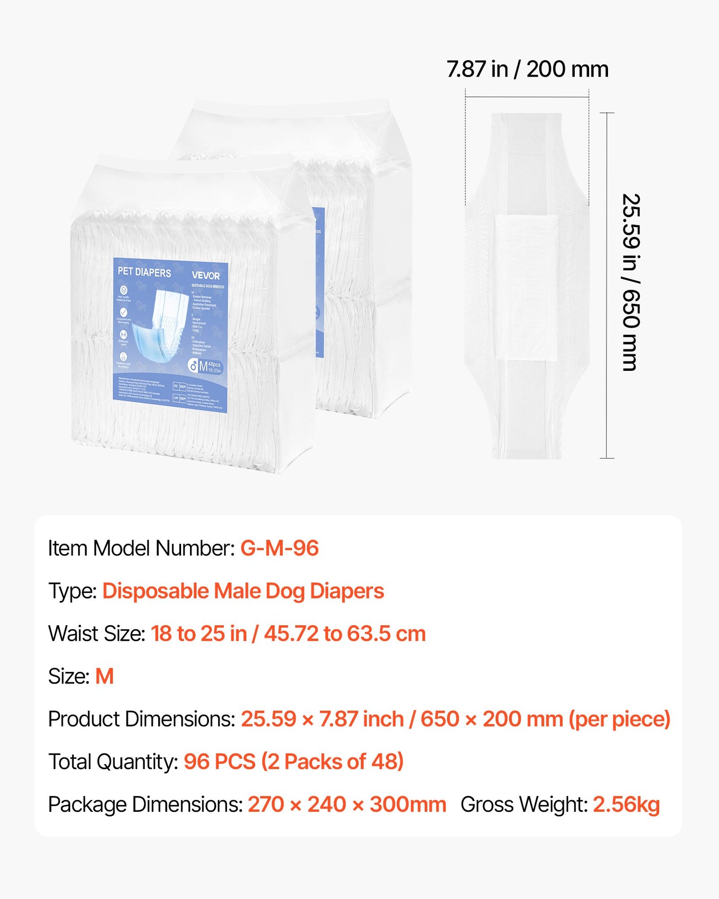 Disposable Male Dog Diapers, Super Absorbent Male Dog Wraps, 360 ° Leak-Proof Belly Bands with Wetness Indicator for Doggies in Heat, Training, Incontinence - M, 96 Count (2 Packs of 48)