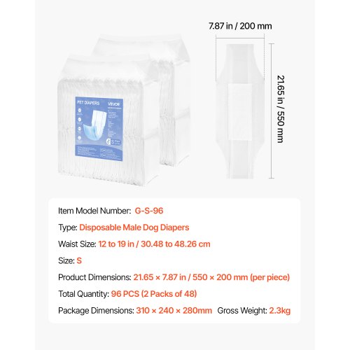 Disposable diapers for male dogs Super absorbent diapers for male dogs Size S 96