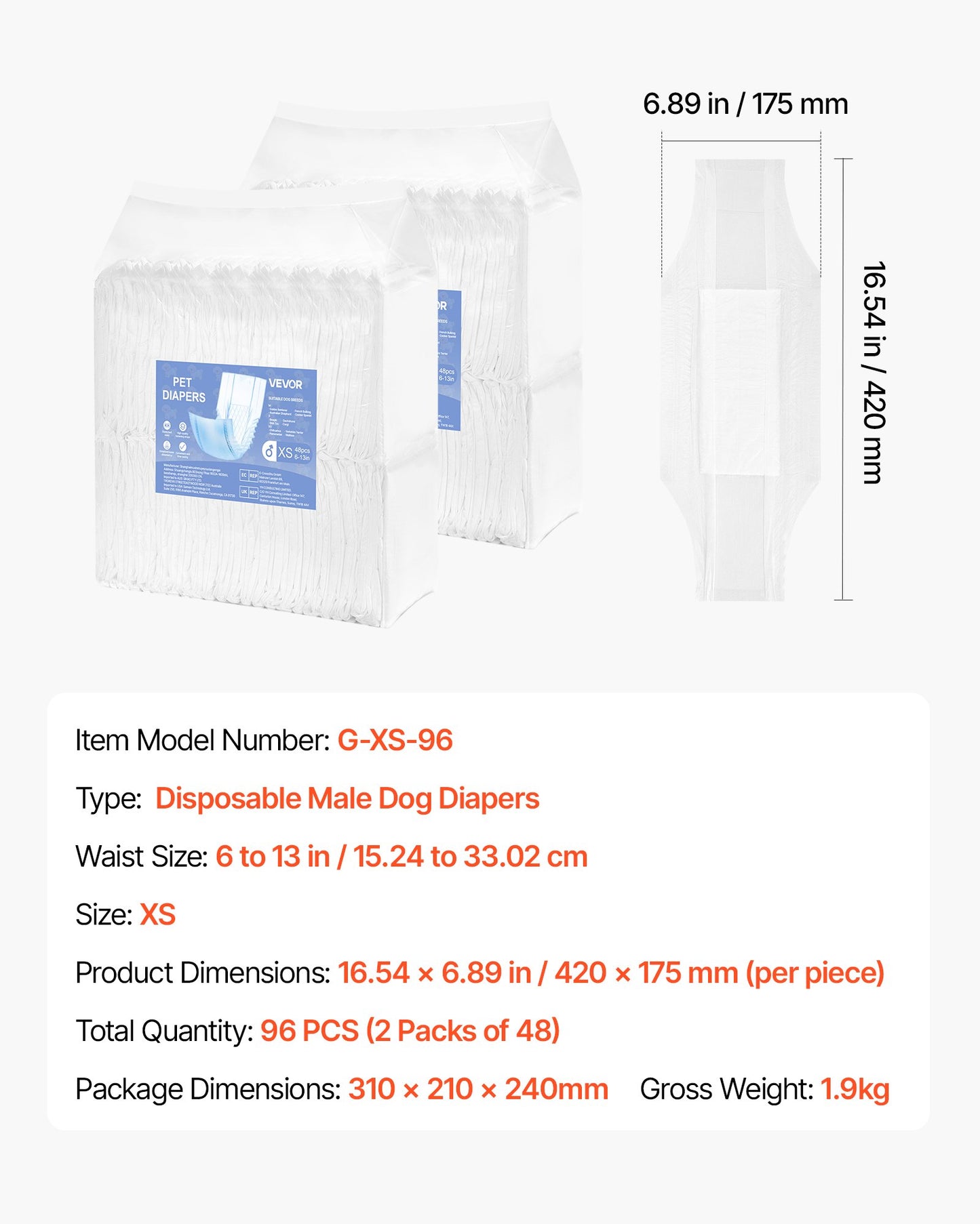 Disposable Male Dog Diapers, Super Absorbent Male Dog Wraps, 360 ° Leak-Proof Belly Bands with Wetness Indicator for Doggies in Heat, Training, Incontinence - XS, 96 Count (2 Packs of 48)