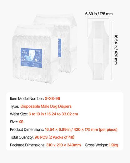 Disposable Male Dog Diapers, Super Absorbent Male Dog Wraps, 360 ° Leak-Proof Belly Bands with Wetness Indicator for Doggies in Heat, Training, Incontinence - XS, 96 Count (2 Packs of 48)