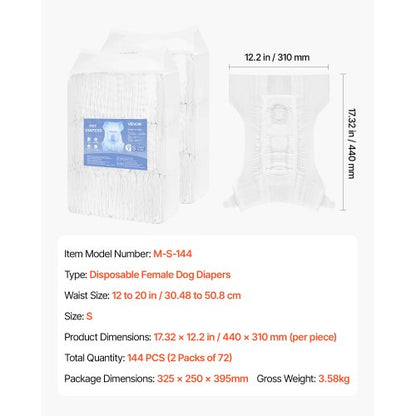 Disposable diapers for dogs Super absorbent diapers for female dogs Size S 144