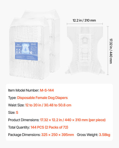 Disposable Dog Diapers, Super Absorbent Female Dog Diapers, 360° Leak-Proof Female Doggy Pet Diaper with Wetness Indicator for Heat Period, Training, Incontinence - S, 144 Count (2 Packs of 72)