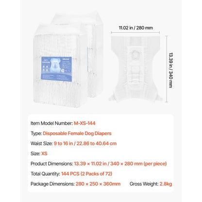 Disposable diapers for dogs Super absorbent diaper for female dogs XS Size 144 pcs