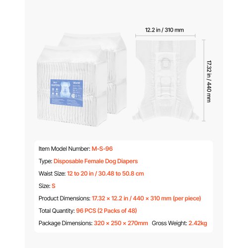 Disposable diapers for dogs Super absorbent diapers for female dogs Size S 96