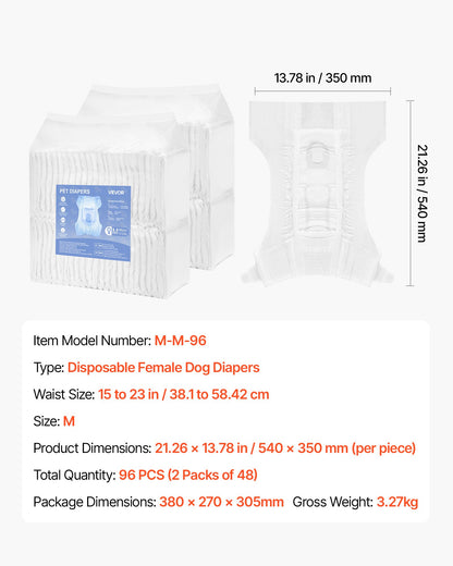 Disposable Dog Diapers, Super Absorbent Female Dog Diapers, 360° Leak-Proof Female Doggy Pet Diaper with Wetness Indicator for Heat Period, Training, Incontinence - M, 96 Count (2 Packs of 48)