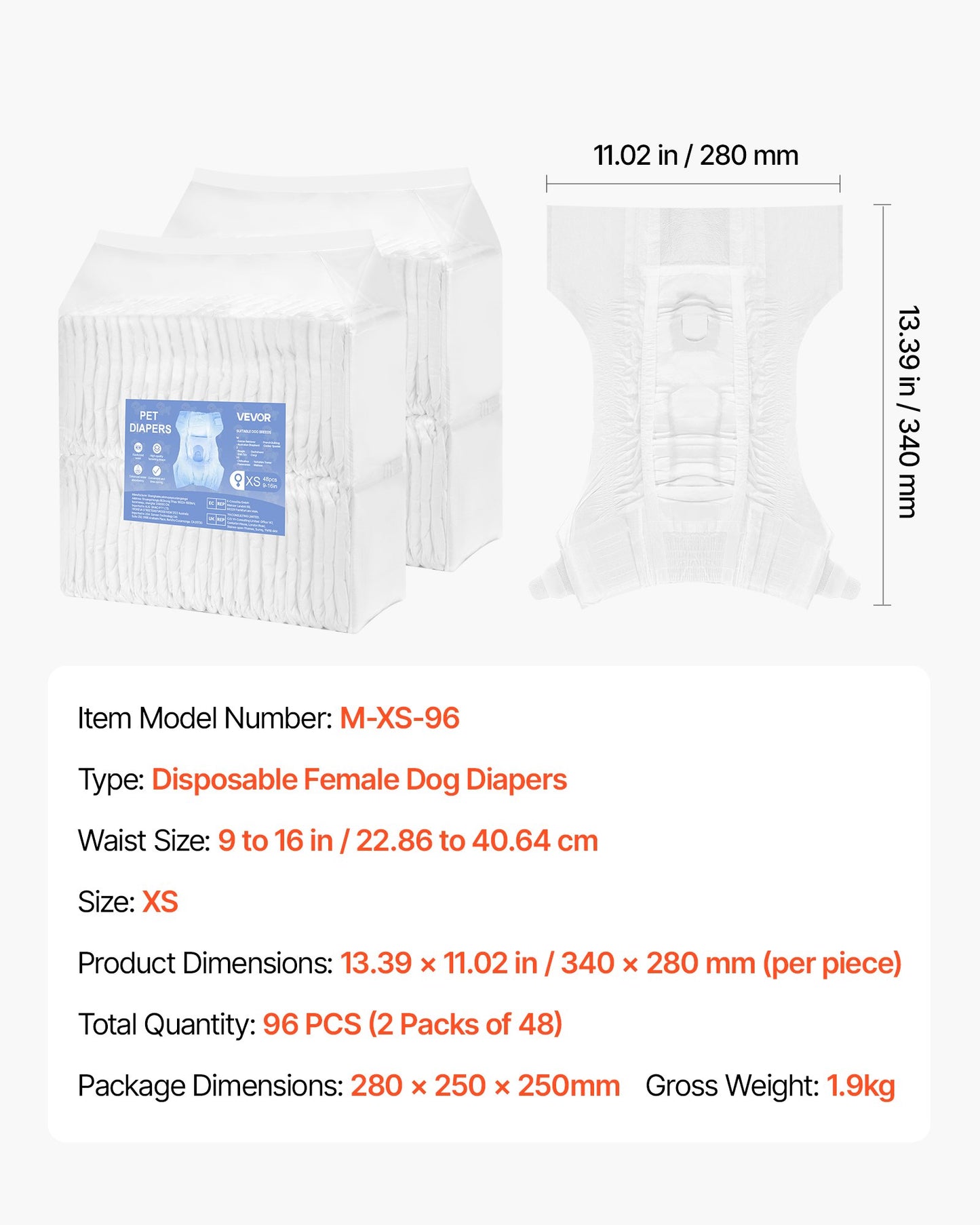 Disposable Dog Diapers, Super Absorbent Female Dog Diapers, 360° Leak-Proof Female Doggy Pet Diaper with Wetness Indicator for Heat Period, Training, Incontinence - XS, 96 Count (2 Packs of 48)