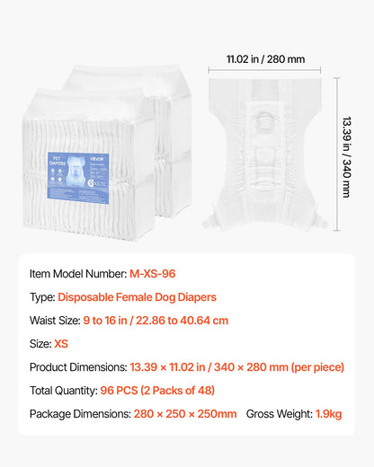 Disposable Dog Diapers, Super Absorbent Female Dog Diapers, 360° Leak-Proof Female Doggy Pet Diaper with Wetness Indicator for Heat Period, Training, Incontinence - XS, 96 Count (2 Packs of 48)