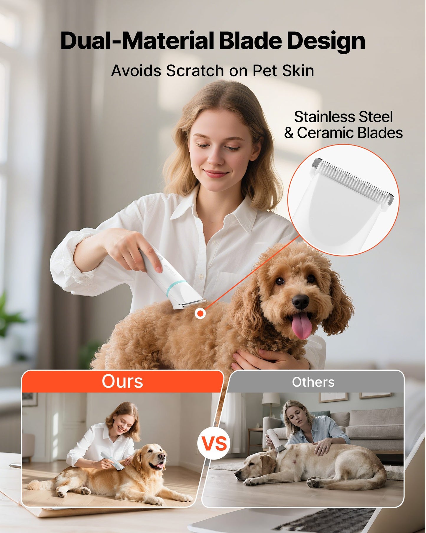 Dog Clippers for Grooming, 4 in 1 Dog Grooming Kit, Low Noise, Rechargeable Pet Shaver with 6 Combs & 4 Detachable Blades, Waterproof Cordless Pet Hair Trimmers Nail Grinder Set for Dogs Cats