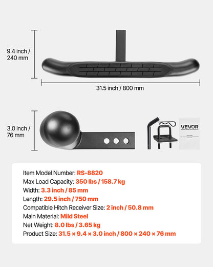 Hitch Step for 2 Inch Receiver, Universal Rear Bumper Guard Protector with 350 LBS Load Capacity, Non-Slip Tow Hitch Step with Pin Kit and Stabilizer, Fit for Truck, SUV, Pickup, Trailer