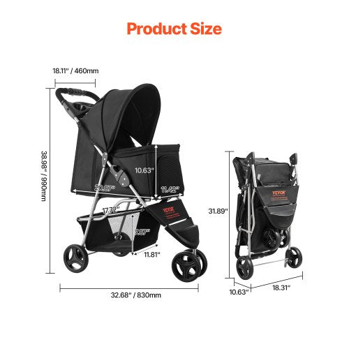 pet stroller foldable 3-wheel travel dog cart with brake up to 35lbs | EU