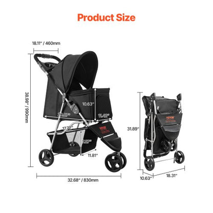 pet stroller foldable 3-wheel travel dog cart with brake up to 35lbs | EU